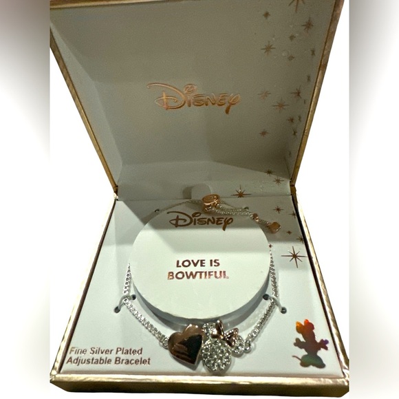 Disney Jewelry - New! Disney Bracelet, Fine Silver Plated Adjustable “Love is Bowtiful” Bracelet